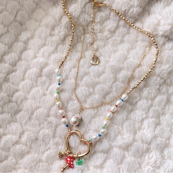Betsey Johnson One Love Heart Charm Mushroom Smile Lips Necklace Rainbow - NWT - Picture 7 of 15